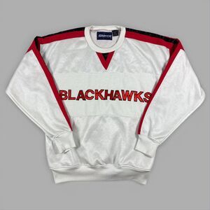 Vtg Chicago Blackhawks NHL Starter Applique Striped Crewneck Sweatshirt Sz Large
